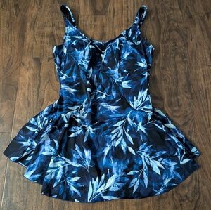 Nwot Azul 14 Women's Blue Leaf Print Swimsuit Dress One Piece Plus Size